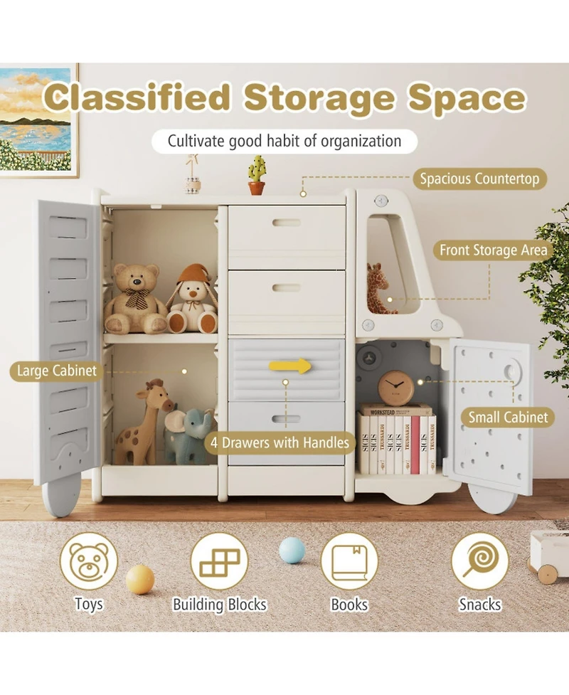 Sugift Kids Bus-Shaped Toy Storage Organizer Children Cabinet with 4 Pull-out Drawers and Whiteboard