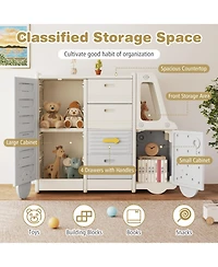Sugift Kids Bus-Shaped Toy Storage Organizer Children Cabinet with 4 Pull-out Drawers and Whiteboard