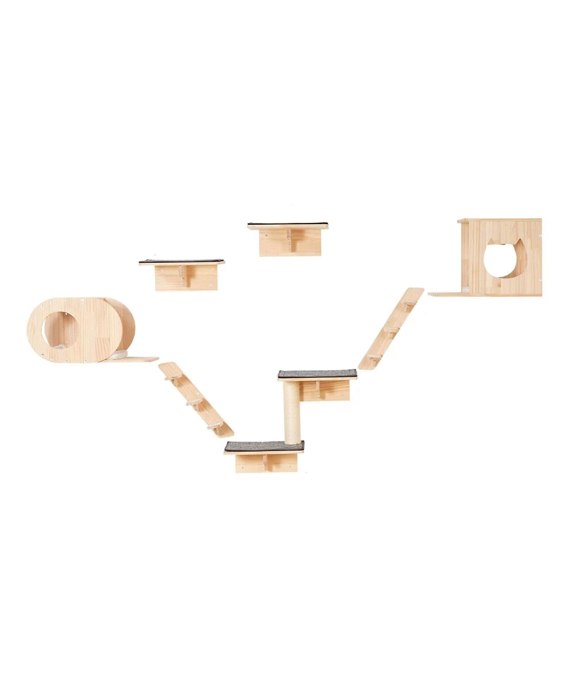 Hongge Seven Piece Wall Mounted Cat Shelf Set with Hammocks