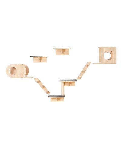 Hongge Seven Piece Wall Mounted Cat Shelf Set with Hammocks