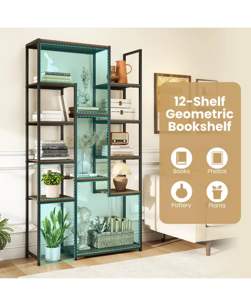 Sugift 71 Inch Tall Vintage Geometric Bookshelf with 12 Open Shelves