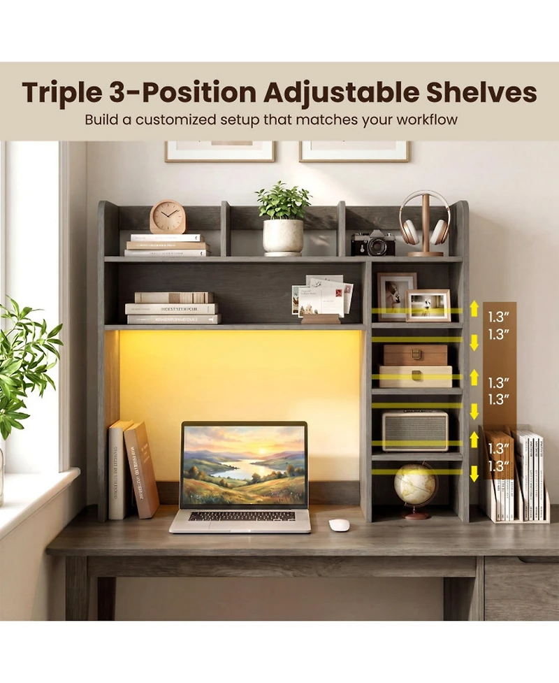 Sugift 35.5 Inch Desktop Bookshelf with Led Lights Desk Hutch Storage Organizer
