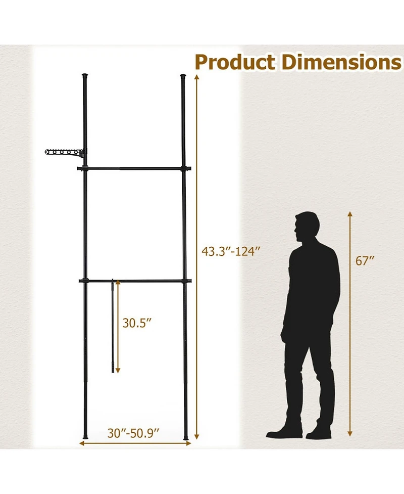 Sugift Adjustable Floor to Ceiling Clothes Rack with 2 Hanging Rods 102.5in-124in