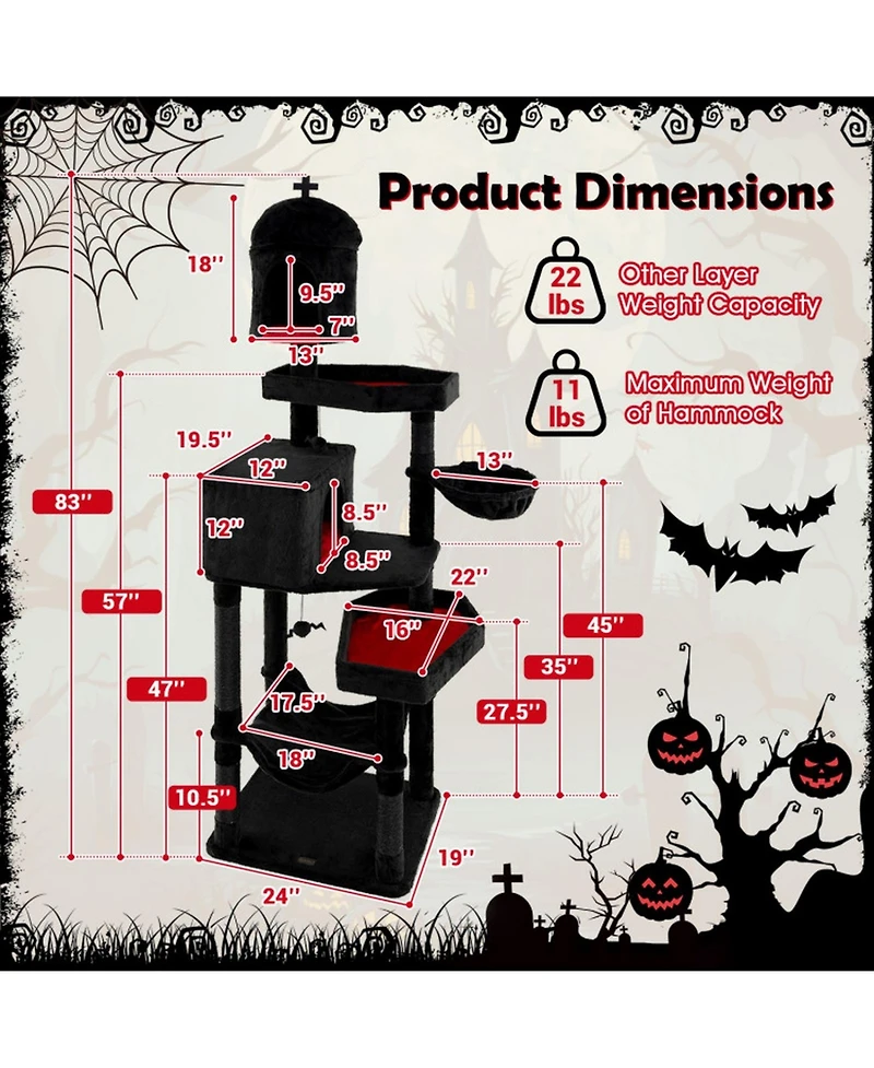 Sugift Gothic Cat Tree with 2 Cat Condos and Coffin Bed for Indoor Cats