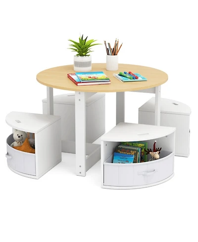 Sugift 5-Piece Toddler Round Nesting Table With 4 Storage Stools For Activities