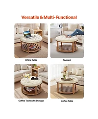 Slickblue Round Tufted Ottoman Coffee Table with Wooden Shelf, Linen Upholstered Accent Table