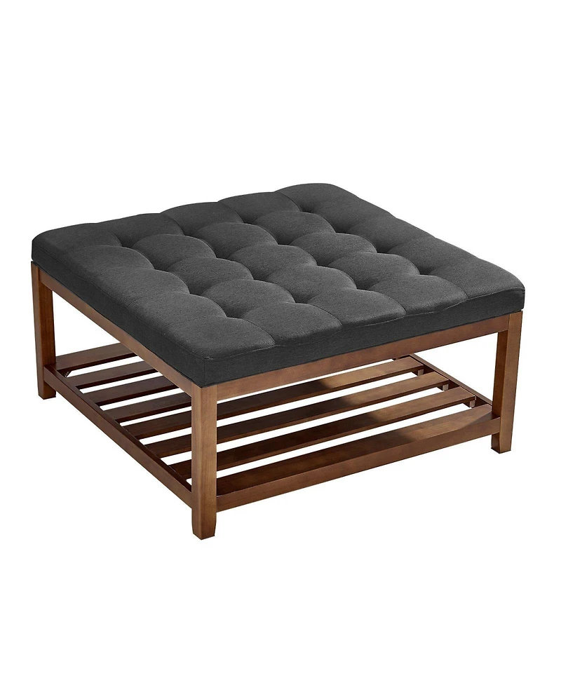 Slickblue Square Linen Upholstered Ottoman Coffee Table with Open Wood Shelf for Living Room