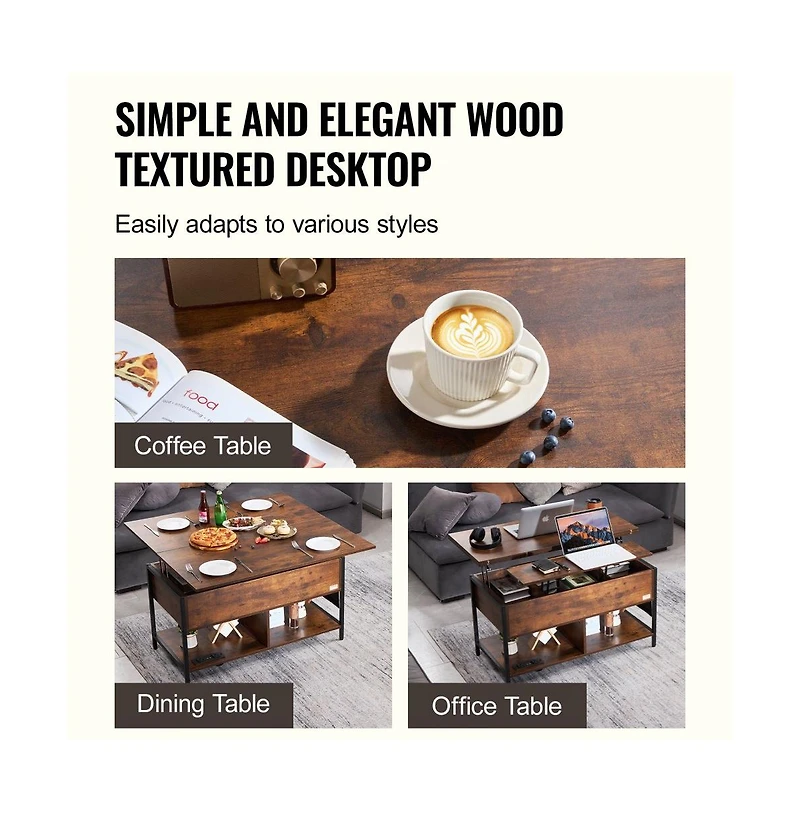Slickblue Rectangle Lift Top Coffee Table with Charging Station, Hidden Storage and Ambient Led Lights