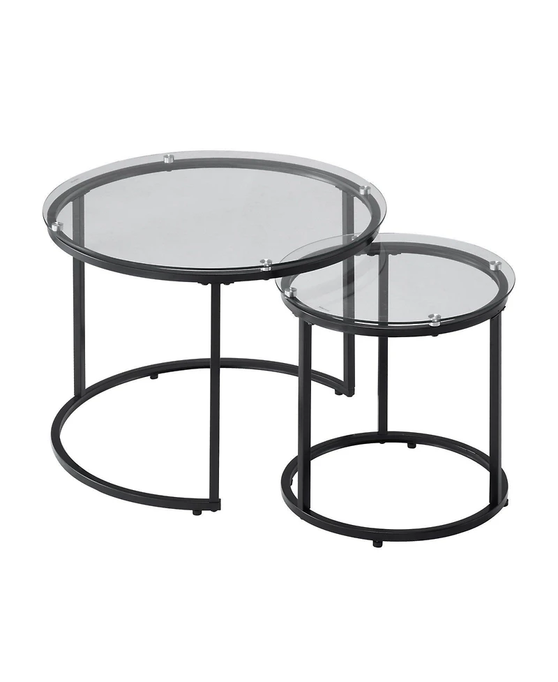 Slickblue Round Glass Coffee Table Set of 2 with Steel Frame, Nesting Accent Tables for Bedroom