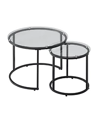 Slickblue Round Glass Coffee Table Set of 2 with Steel Frame, Nesting Accent Tables for Bedroom