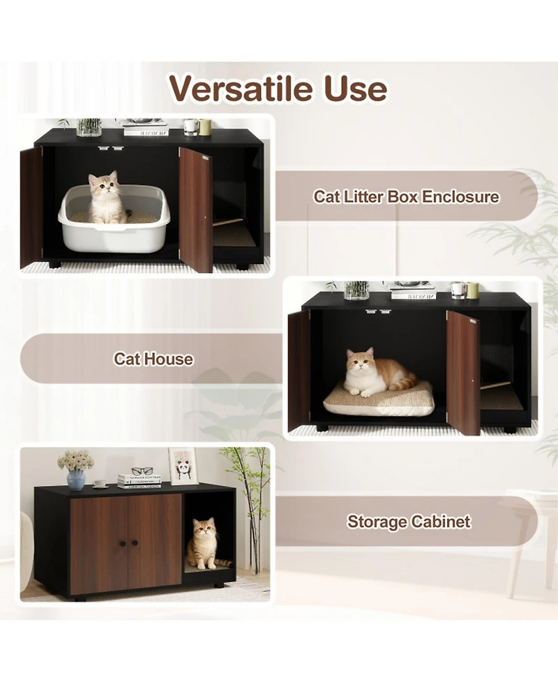 Sugift Wooden Cat Litter Box Enclosure Hidden Litter Box Furniture with Scratching Board