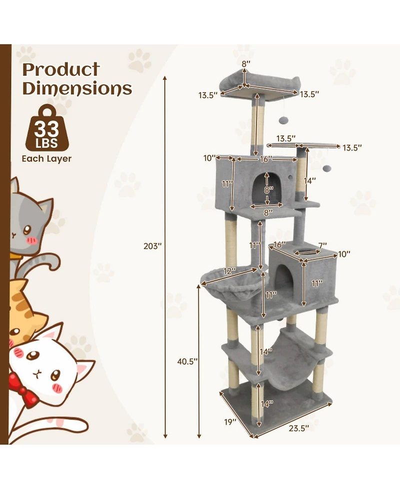 Sugift 80 in Tall Cat Tree with 2 Large Condos and Dangling Toys