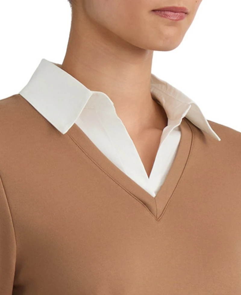 Jones New York Women's Collared Long-Sleeve Poplin Combo Trim Sweater