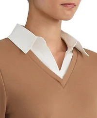 Jones New York Women's Collared Long-Sleeve Poplin Combo Trim Sweater