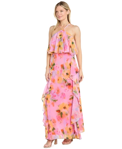 R & M Richards Women's Halter Neck Side Ruffle Dress