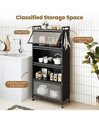 Sugift 5-Tier Kitchen Storage Cabinet with 4 Flip-up Pc Doors Adjustable Feet and Rolling Wheels