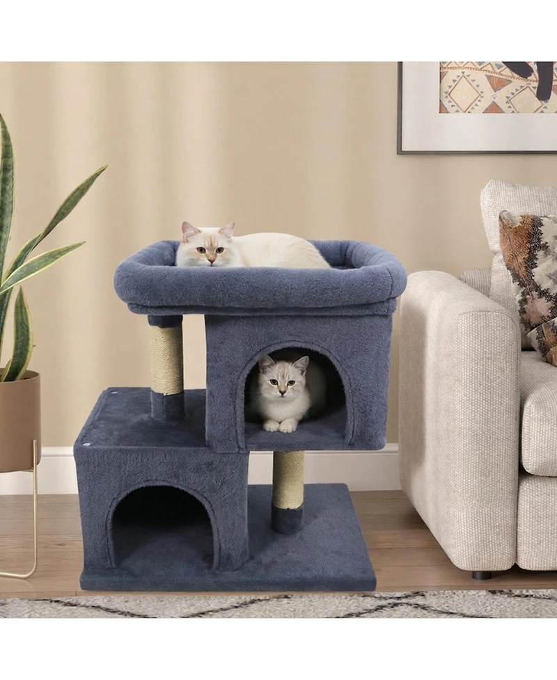 Sugift Modern Space-Saving Cat Tower with Upholstered Perch and 2 Cat Condos