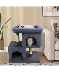 Sugift Modern Space-Saving Cat Tower with Upholstered Perch and 2 Cat Condos