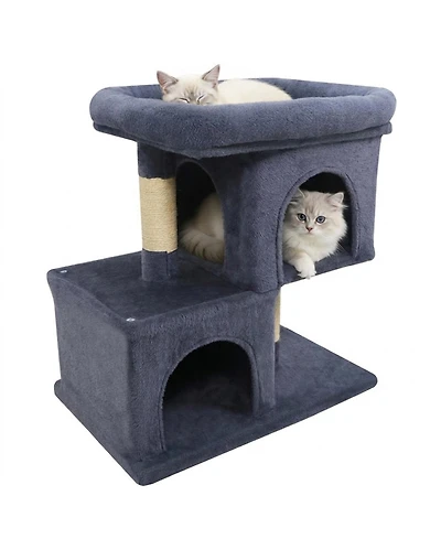 Sugift Modern Space-Saving Cat Tower with Upholstered Perch and 2 Cat Condos