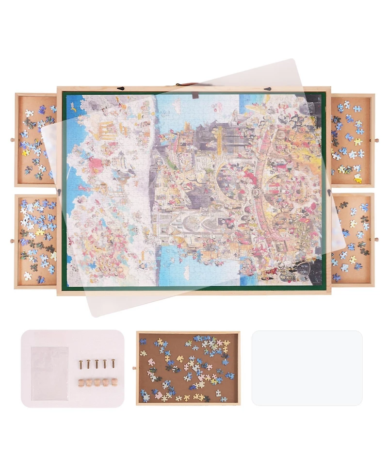 Sevorley 1500-Piece Wooden Puzzle Table with Folding Legs, 4 Drawers and Cover