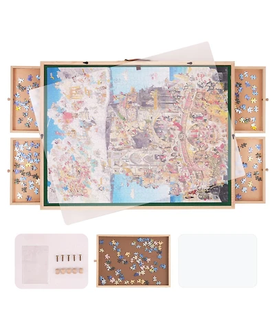 Sevorley 1500-Piece Wooden Puzzle Table with Folding Legs, 4 Drawers and Cover