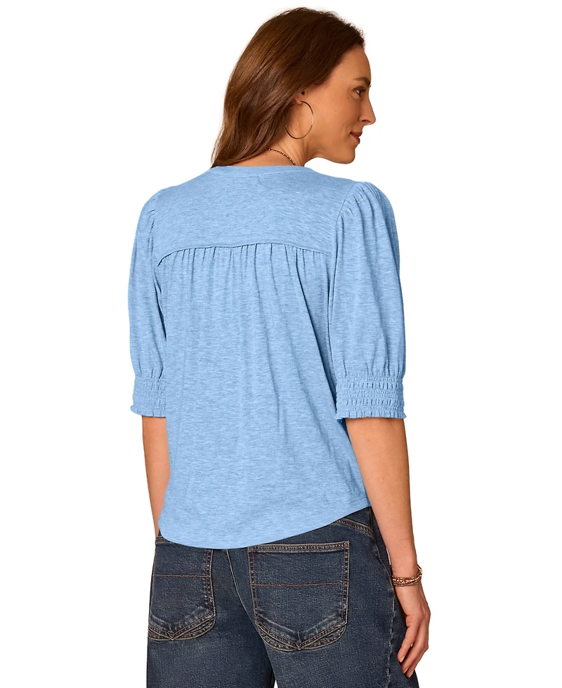 Democracy Petite Blouson-Sleeve Mandarin Collar Knit Top