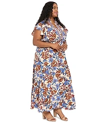 London Times Plus Tiered Flutter-Sleeve Bubble-Crepe Maxi Dress