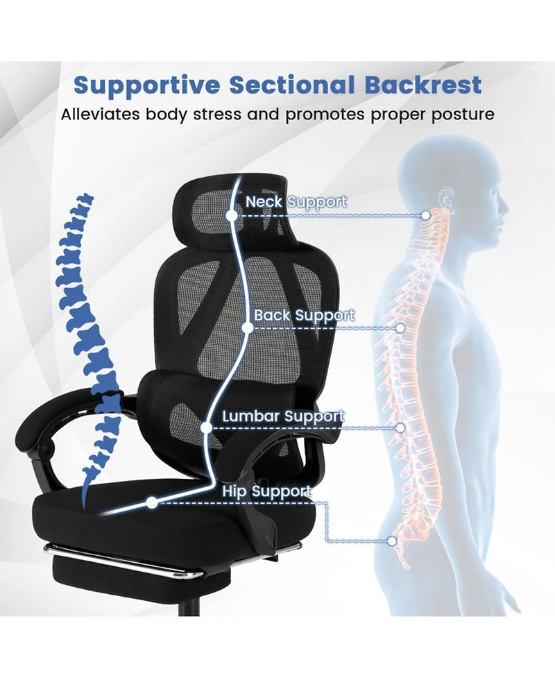 Sugift Ergonomic High Back Mesh Office Chair with Retractable Footrest and Adjustable Headrest