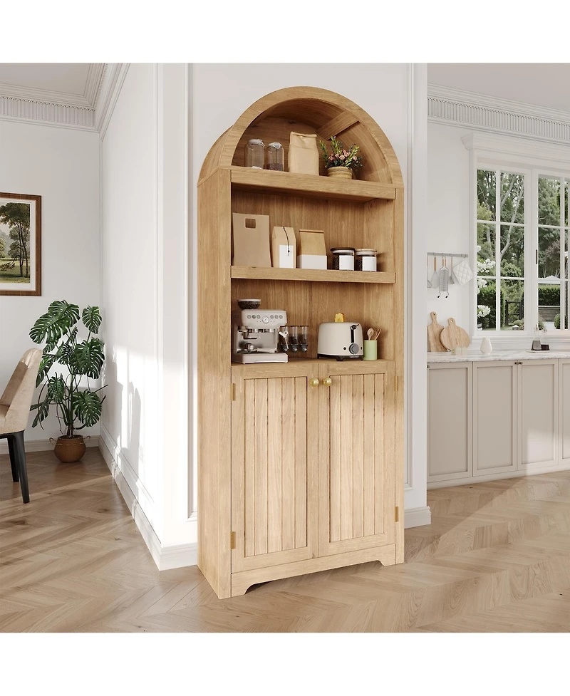 homfan 72 Inch Tall Arched Pantry Cabinet, 5-Tier Cabinet with Door and Handles, Wood Storage for Dining Room, Living Room, Anti-Tip Device Included