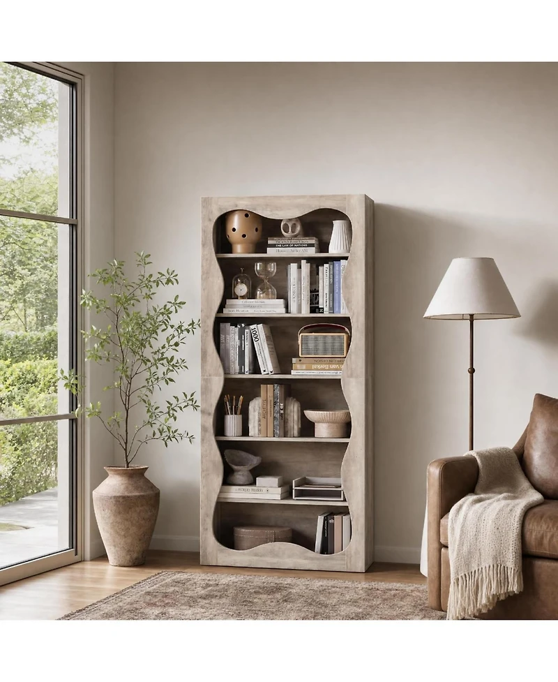 homfan 6-Tier Tall Wood Bookshelf with Scalloped Wavy Edges, Freestanding Display Shelf for Living Room, Office