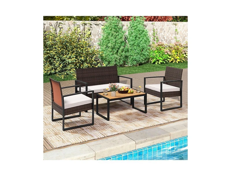 Boyel Living Patio Furniture Set Outdoor Rattan Conversation Set with Cushioned Chairs and Wood Plastic Coffee Table