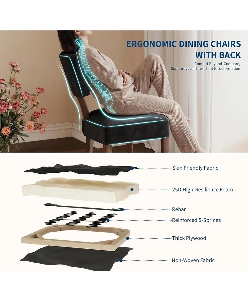 homfan Dining Chairs Set of 6 Mid-Century Modern Curved Backrest Chenille Upholstered Seat Hardwood Frame Wooden Legs Armless Kitchen Side