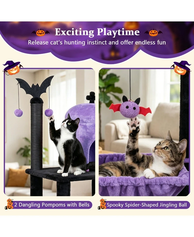 Sugift 51in Gothic Multi-Level Cat Tree with Spider Hanging Toy for Halloween