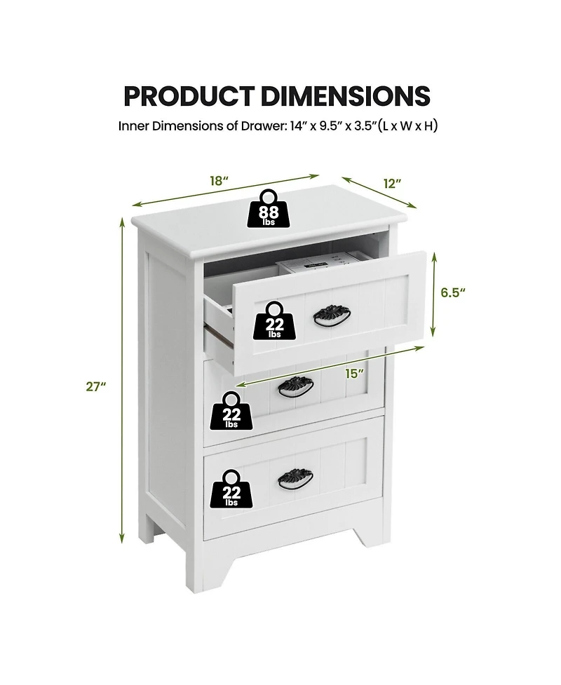 Sugift 3 Drawer Wood End Table Nightstand with Storage
