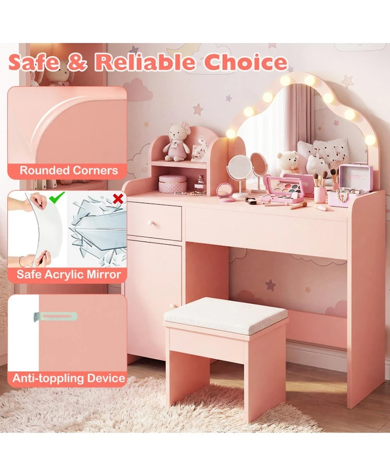 Sugift Kids Vanity Desk with Mirror and Lights Princess Pretend Play Dressing Table