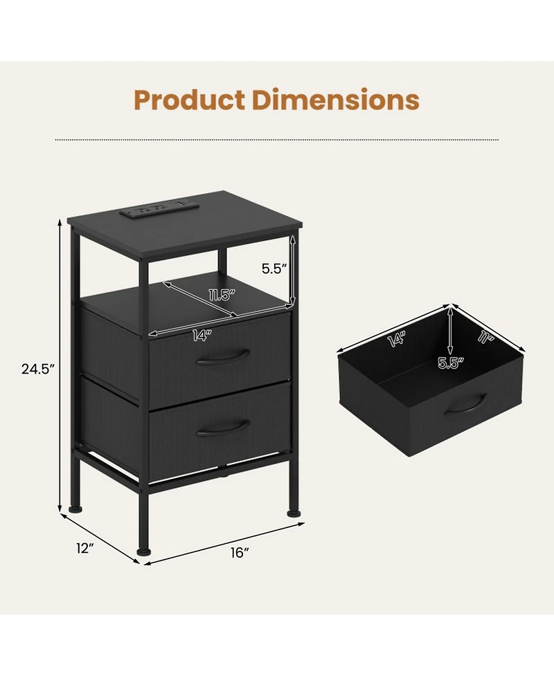 Sugift 24.5 in Modern Nightstand with Charging Station and 2 Fabric Drawers