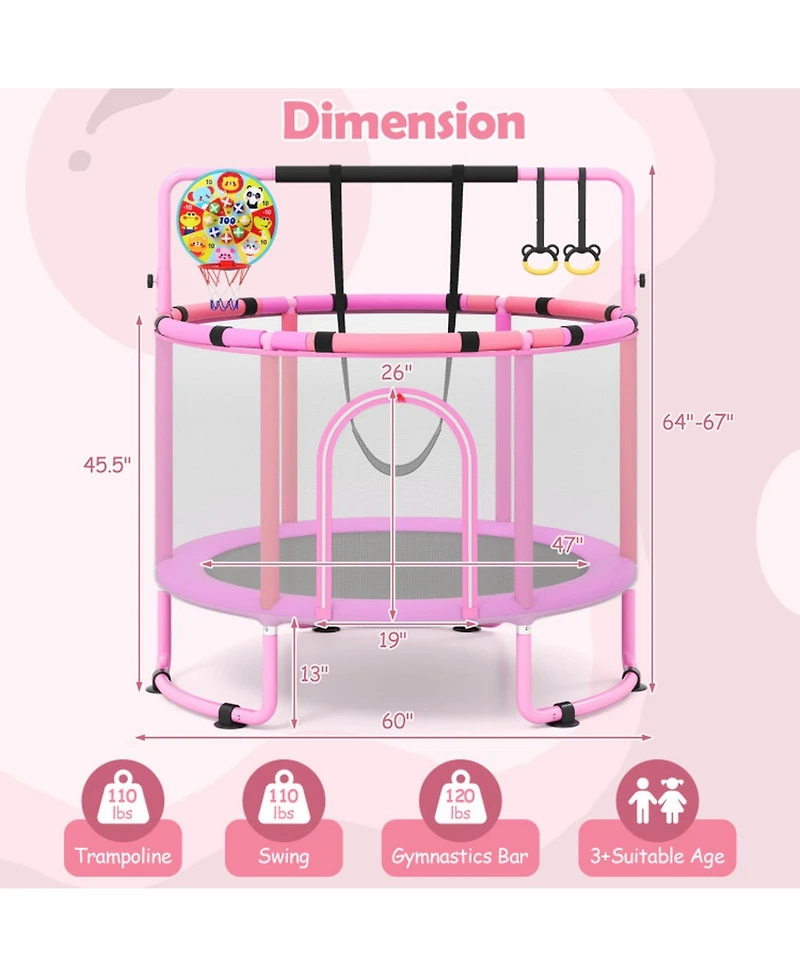 Hongge 60-Inch 6-in-1 Toddler Trampoline with Gymnastics Bar and Swing, Gymnastics Bar Rated to 120 lbs, Ages 3+