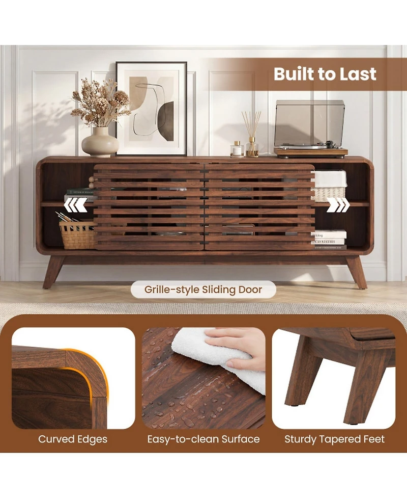 Sugift Mid Century Modern Entertainment Center with Grille-Style Sliding Doors for Living Room