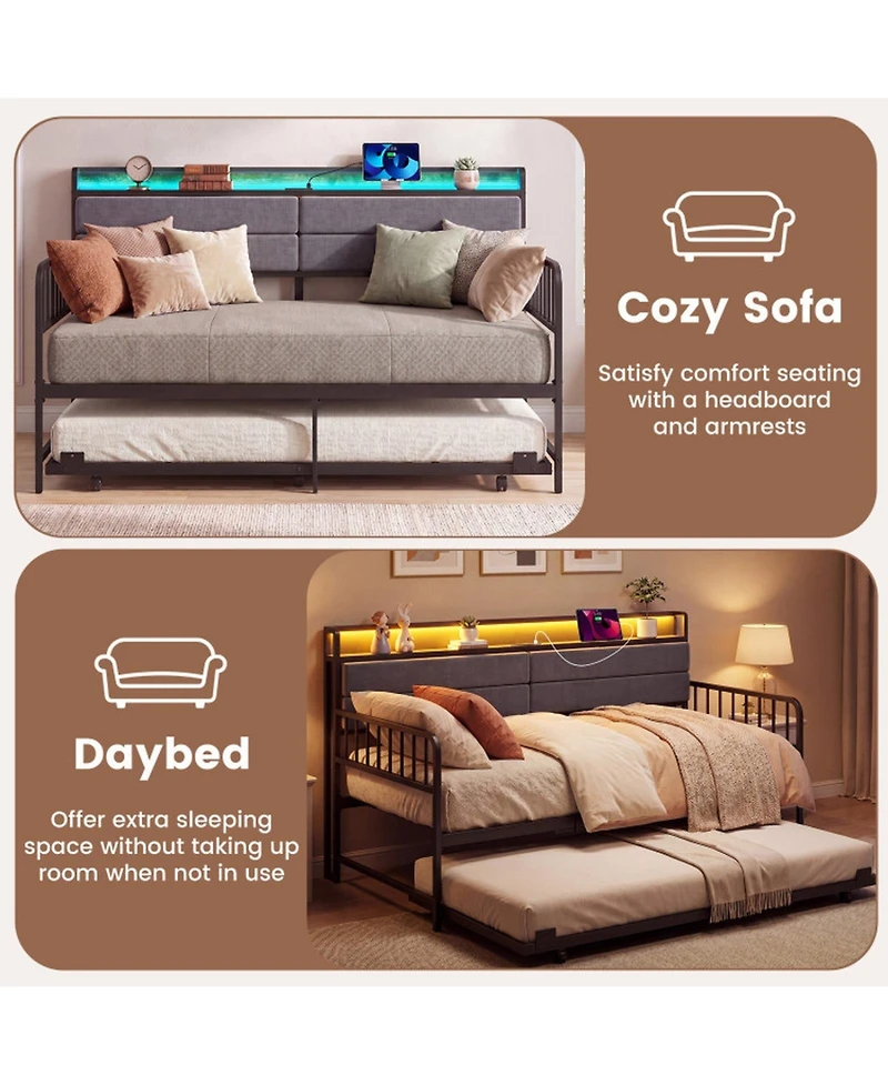 Sugift Twin Size Metal Daybed with Pull-Out Trundle and Upholstered Storage Headboard