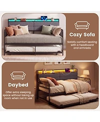 Sugift Twin Size Metal Daybed with Pull-Out Trundle and Upholstered Storage Headboard