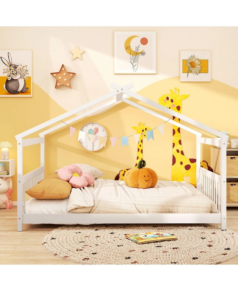 Sugift Full Size House Bed Montessori Floor Bed with Fence Headboard and Footboard