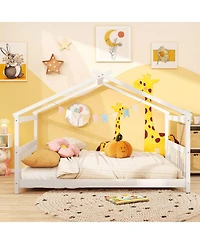 Sugift Full Size House Bed Montessori Floor Bed with Fence Headboard and Footboard
