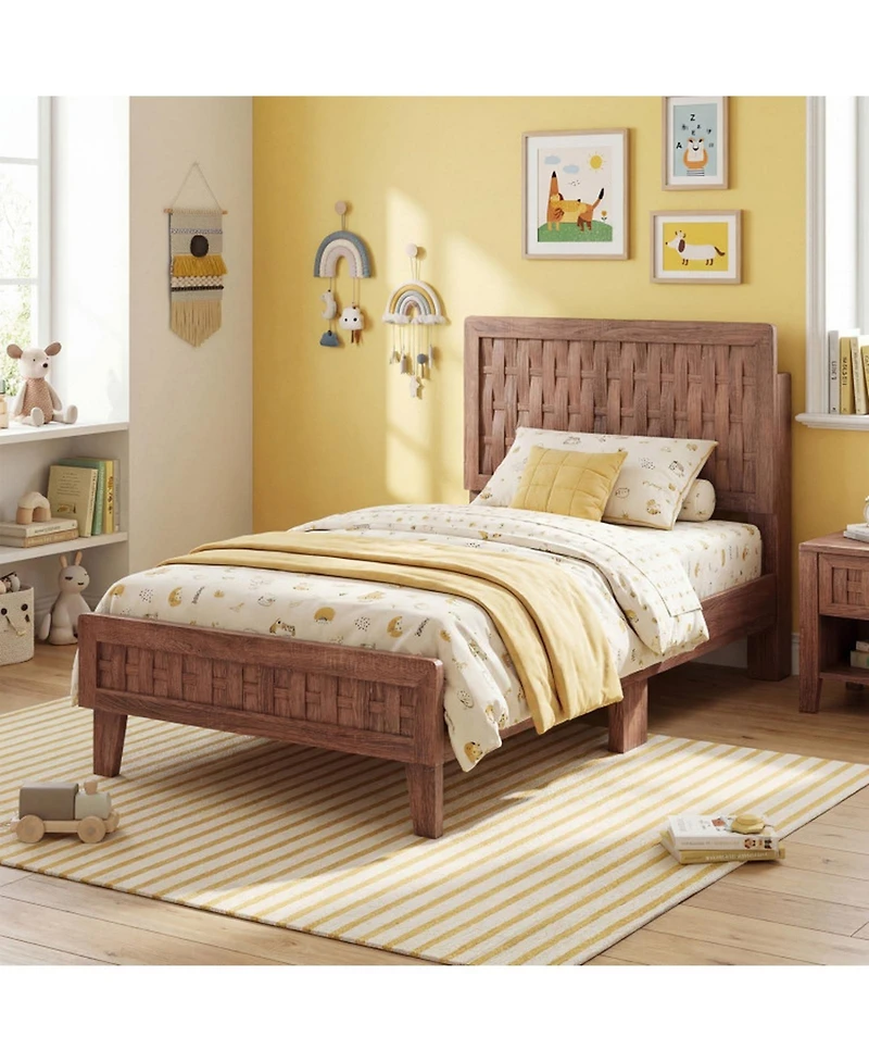Sugift Twin Size Mid-Century Wood Bed Frame with Woven Accent Headboard
