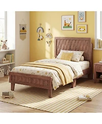 Sugift Twin Size Mid-Century Wood Bed Frame with Woven Accent Headboard