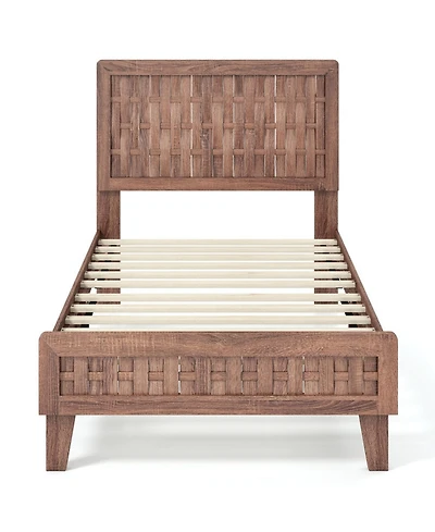 Sugift Twin Size Mid-Century Wood Bed Frame with Woven Accent Headboard