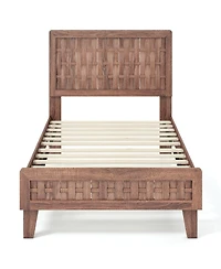 Sugift Twin Size Mid-Century Wood Bed Frame with Woven Accent Headboard