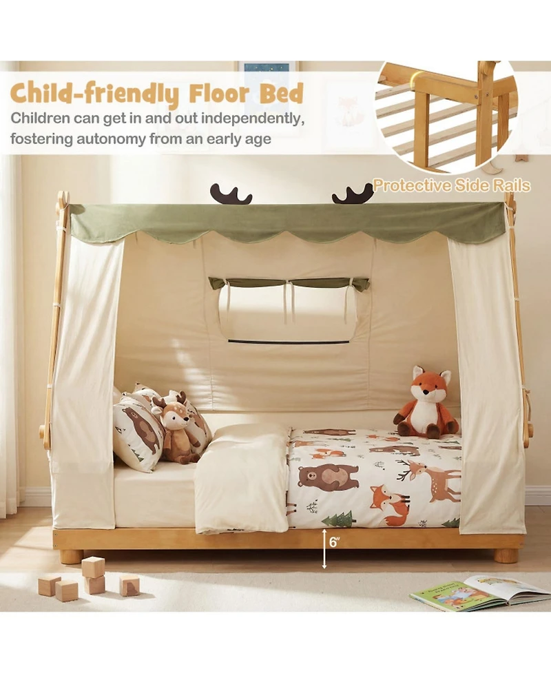 Sugift Twin Size House Floor Wood Bed with Removable Canopy Tent