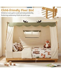 Sugift Twin Size House Floor Wood Bed with Removable Canopy Tent