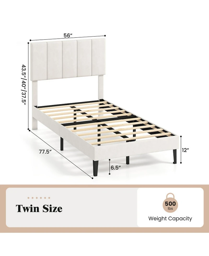 Sugift Twin Size Velvet Upholstered Platform Bed with Adjustable Channel Headboard