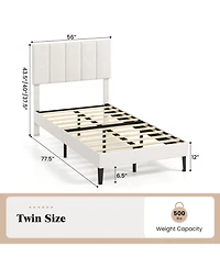 Sugift Twin Size Velvet Upholstered Platform Bed with Adjustable Channel Headboard